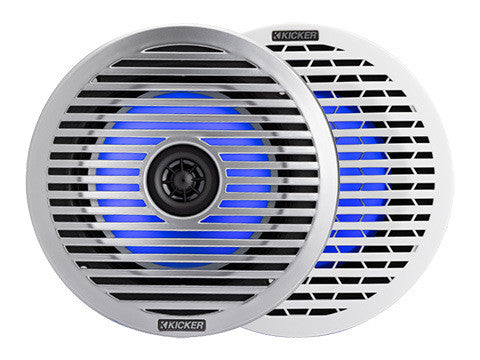 Kicker KM614FL 6.5" Thin-Mount RGB LED Marine Coaxial Speakers 4-Ohm - White & Silver Grilles (Pair)