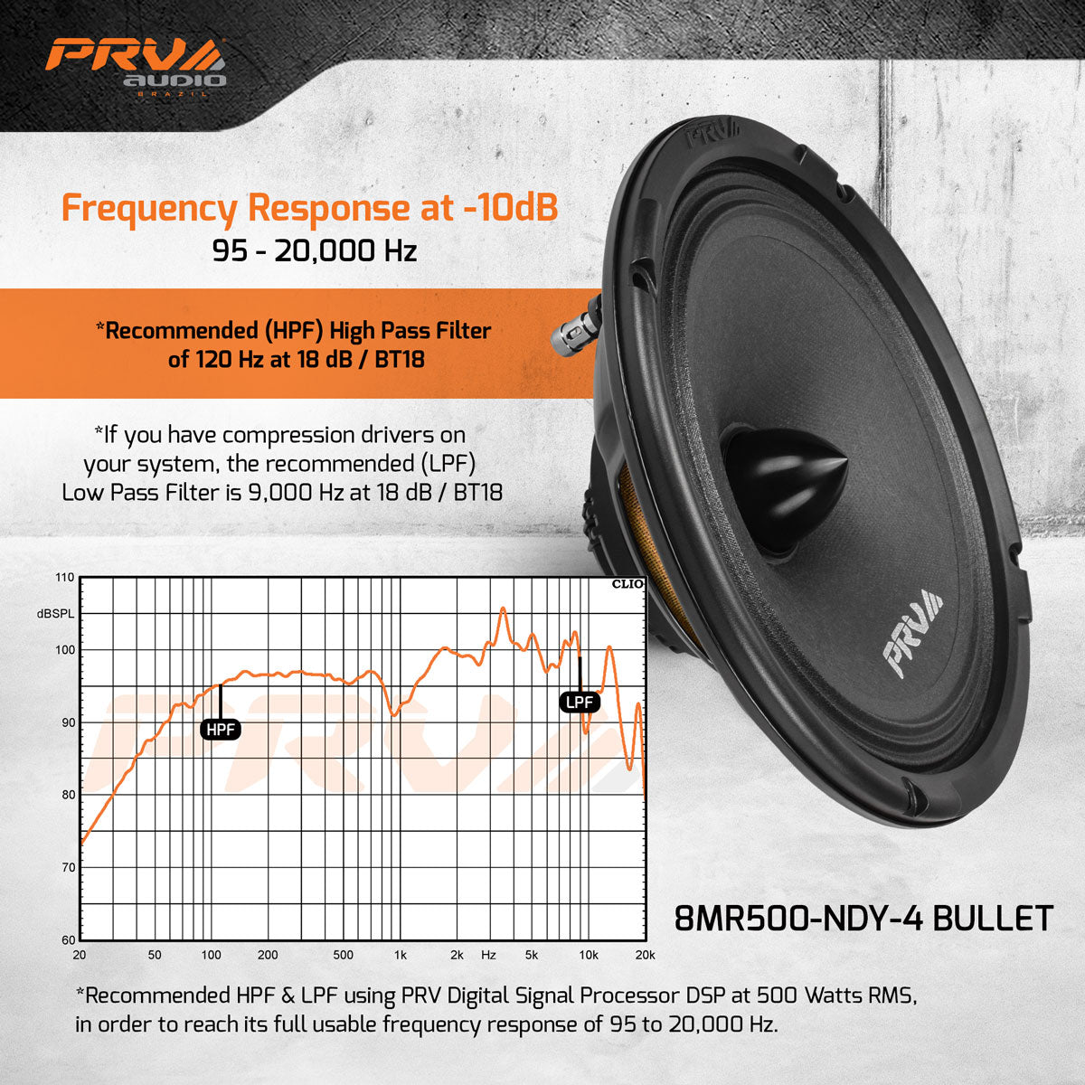 PRV Audio 8MR500-NDY-4 | 8" 500W RMS Neodymium Midrange Speaker w/ Bullet (Single)