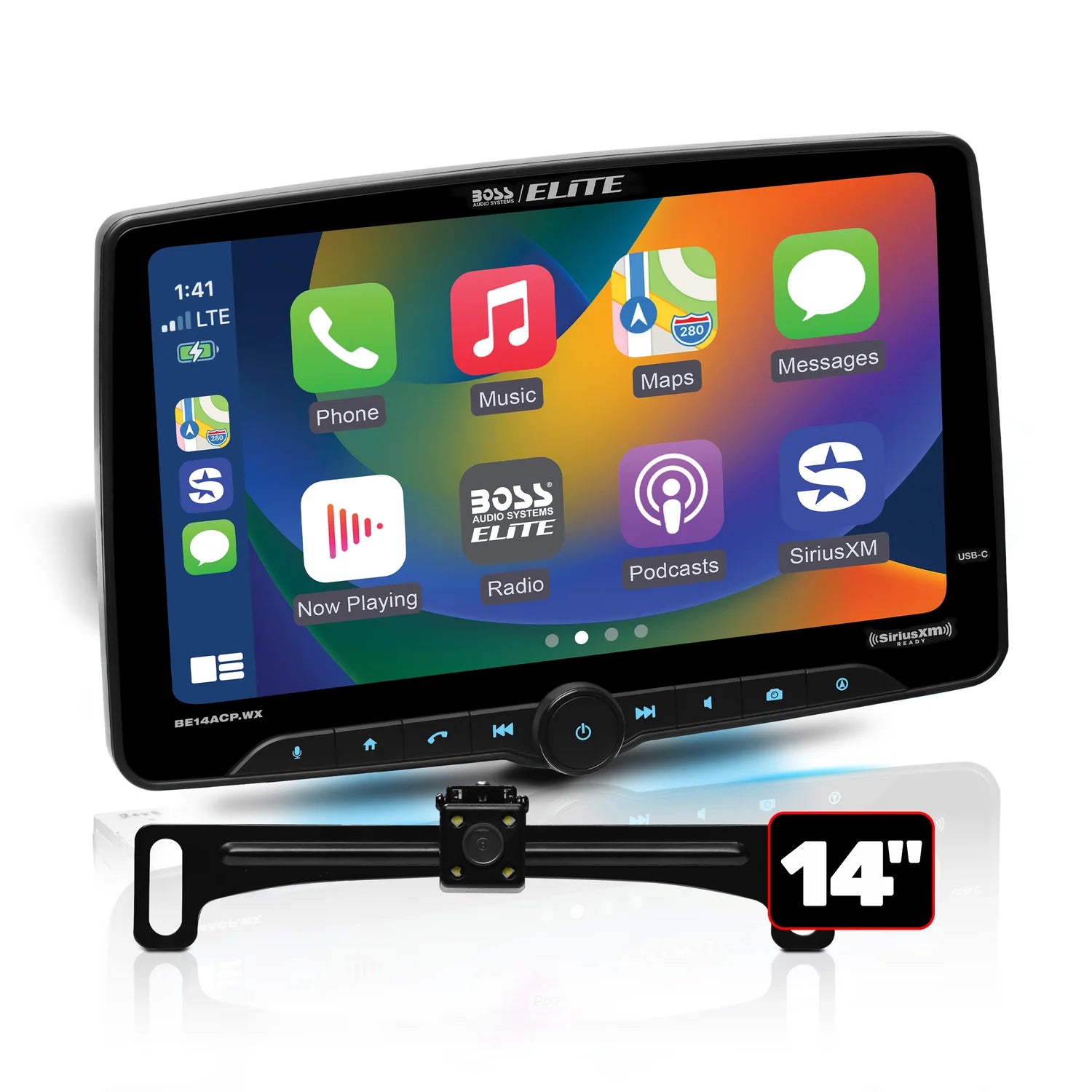 Boss Elite BE14ACP.WXC 14" Single Din Touchscreen w/ Wireless Apple Carplay/Android Auto XM Ready + Backup Camera
