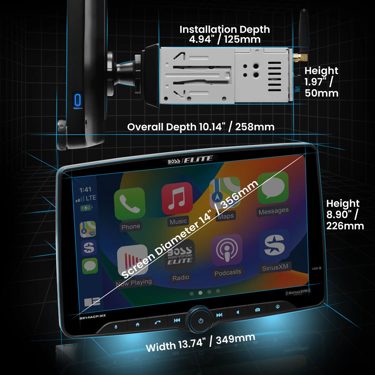 Boss Elite BE14ACP.WX 14" Single Din Touchscreen with Wireless Apple Carplay/Android Auto XM Ready