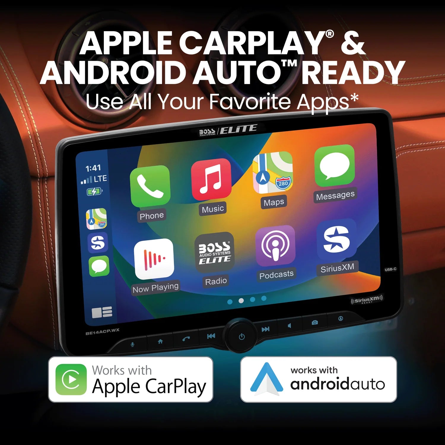 Boss Elite BE14ACP.WX 14" Single Din Touchscreen with Wireless Apple Carplay/Android Auto XM Ready