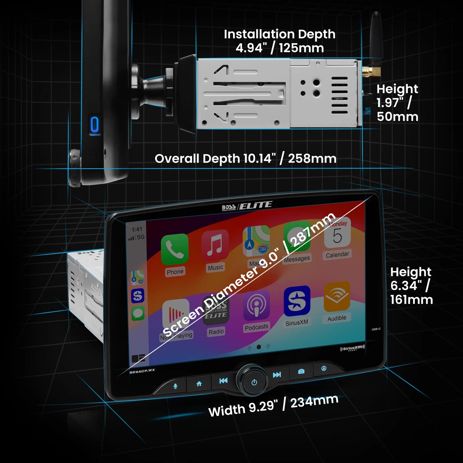 Boss Elite BE9ACP.WX 9" Single Din Touchscreen w/ Wireless Apple Carplay/Android Auto XM Ready