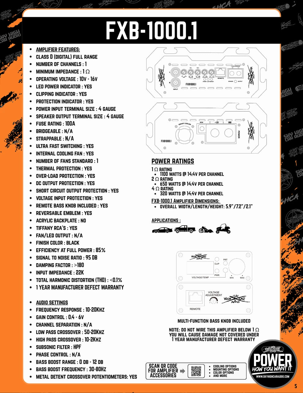 Sky High Car Audio FXB 1000.1 | 1000W RMS Monoblock Amplifier