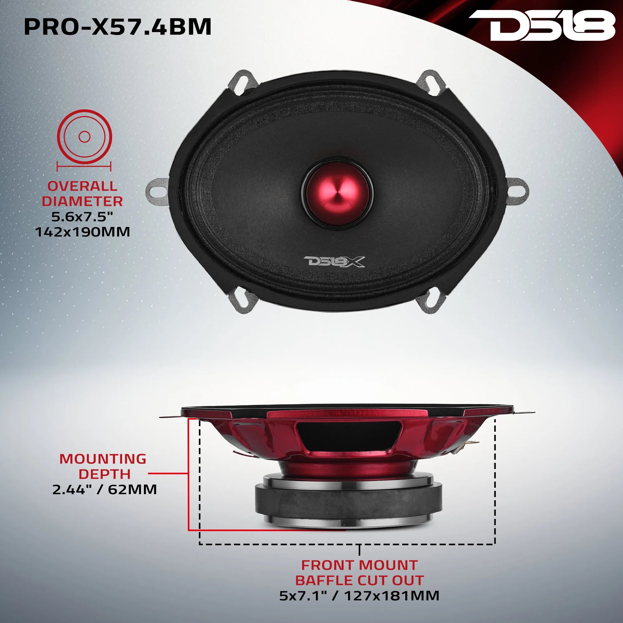 DS18 PRO-X57.4BM 5"x7" 175W RMS Midrange Speaker w/ Bullet (Single)