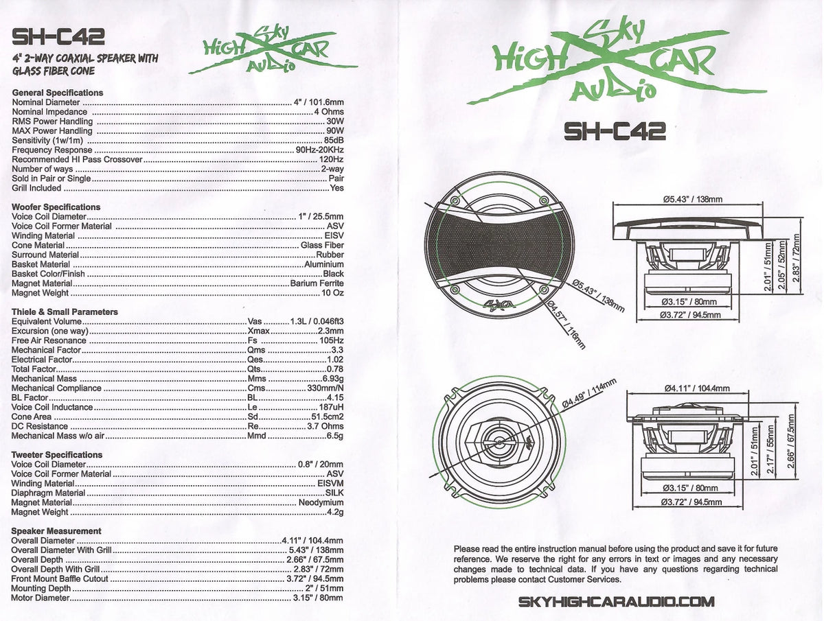 Sky High CarAudio SHCA-C42 | 4-inch 2-way Coaxial Speakers With Glass Fiber Cone and Pivoting Tweeter (Pair)