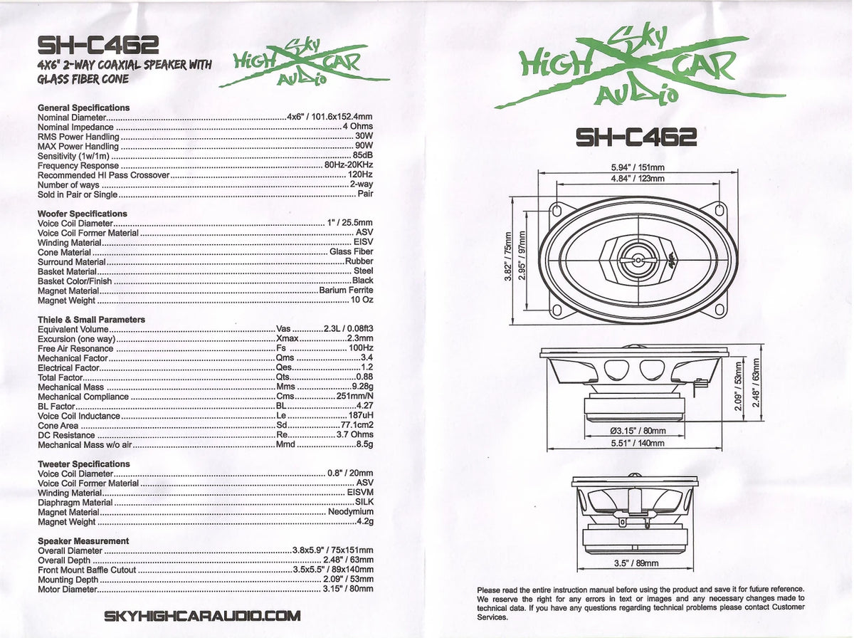 Sky High Car Audio SHCA-C462 | 4x6-inch 2-way Coaxial Speakers With Glass Fiber Cone and Pivoting Tweeter (Pair)