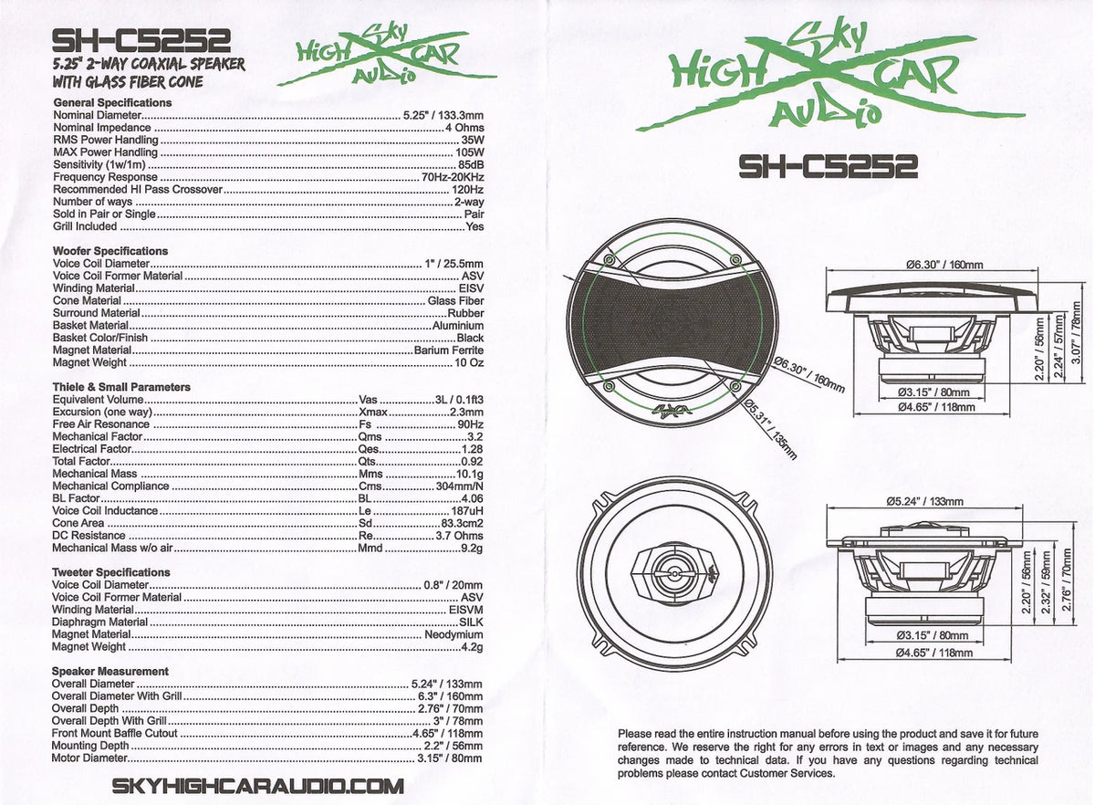 Sky High Car Audio SHCA-C525 | 5.25-inch 2-way Coaxial Speakers With Glass Fiber Cone (Pair)