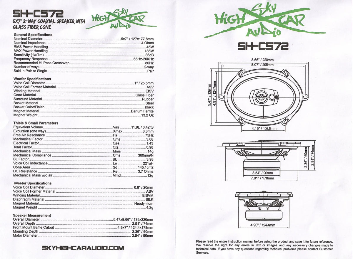 Sky High Car Audio SHCA-C572 | 5x7-inch 2-way Coaxial Speakers With Glass Fiber Cone (Pair)