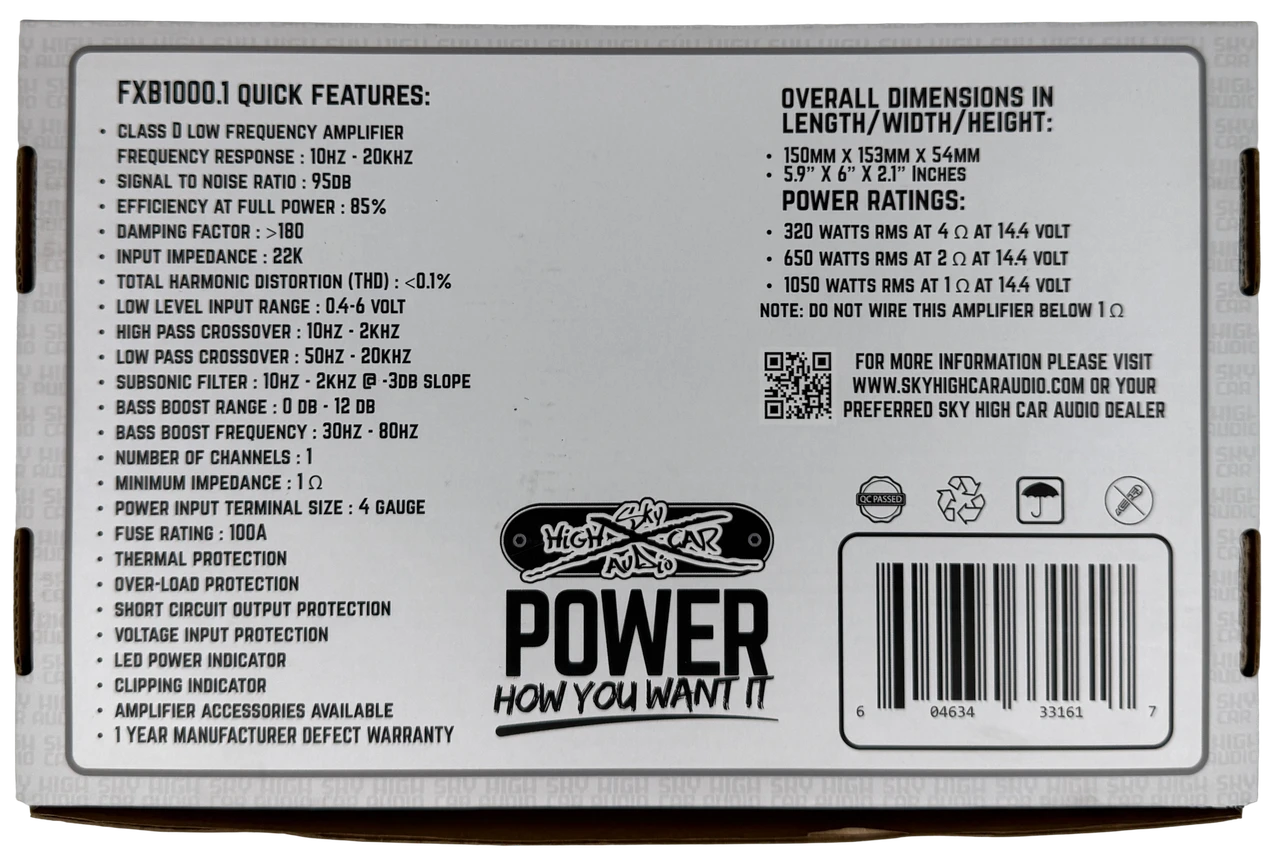 Sky High Car Audio FXB 1000.1 | 1000W RMS Monoblock Amplifier