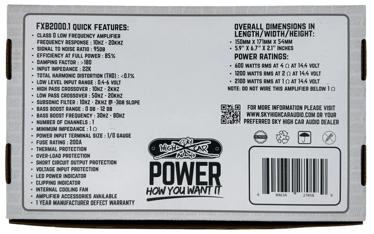 Sky High Car Audio FXB 2000.1 | 2000W RMS Monoblock Amplifier