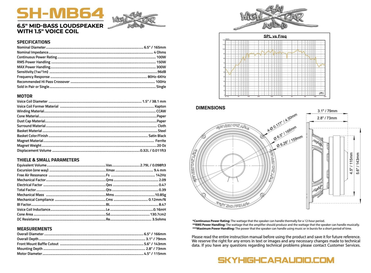 Sky High Car Audio SHCA-SH-MB64 | 6.5-inch Pro Audio  Mid-Bass Loudspeaker with 1.5" Voice Coil (Single)