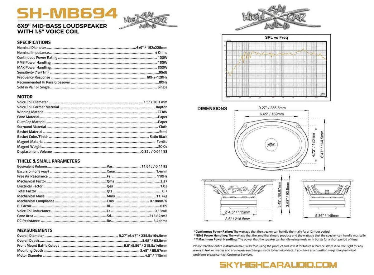 Sky High Car Audio SHCA-SH-MB694 | 6x9-inch Pro Audio  Mid-Bass Loudspeaker with 1.5" Voice Coil (Single)