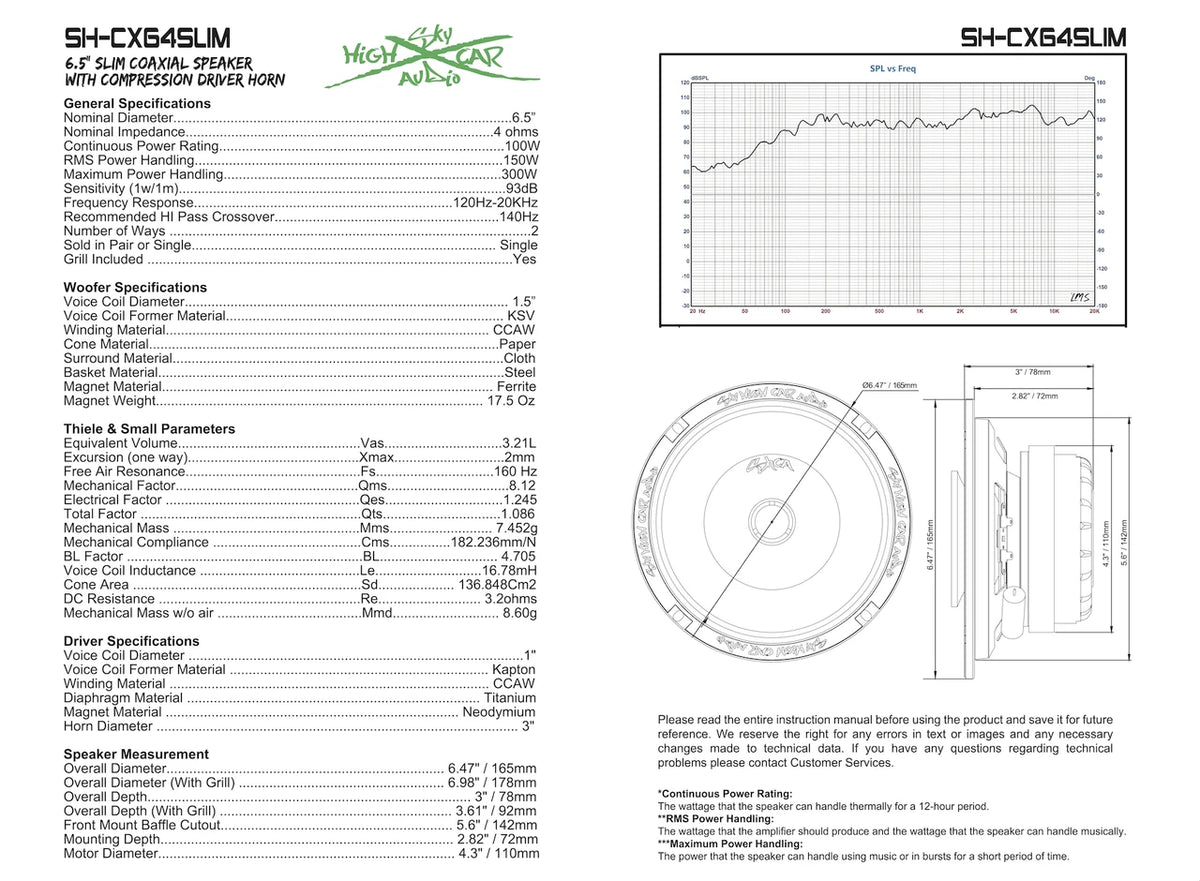 Sky High Car Audio SH-CX64SLIM | 6.5-inch Slim Coaxial Speaker With Compression Driver Horn
