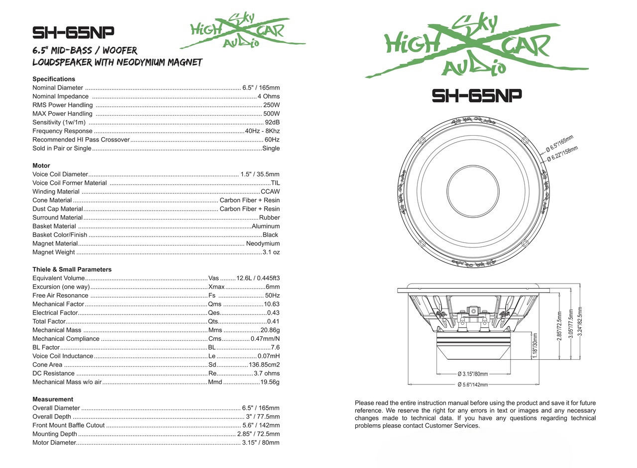 Sky High Car Audio SH-65NP 6.5" 250W RMS Neo Midbass Speaker (Pair)