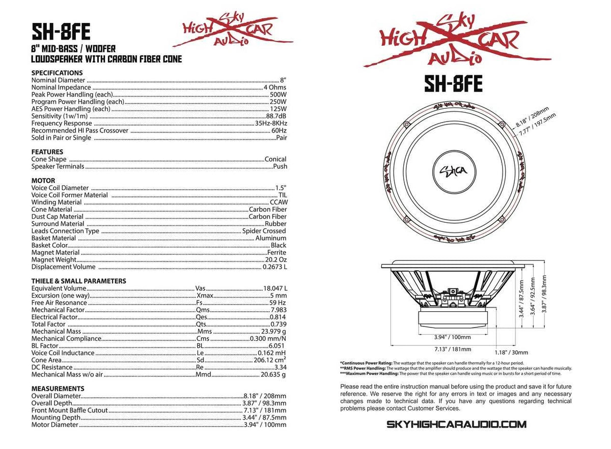 Sky High Car Audio SH-8FE | 8-inch Mid Woofer  w/ Carbon Fiber Cone (Pair)