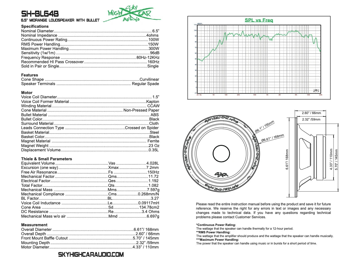 Sky High Car Audio SH-BL64B | 6.5-inch 4 ohm Bullet Midrange Loudspeaker