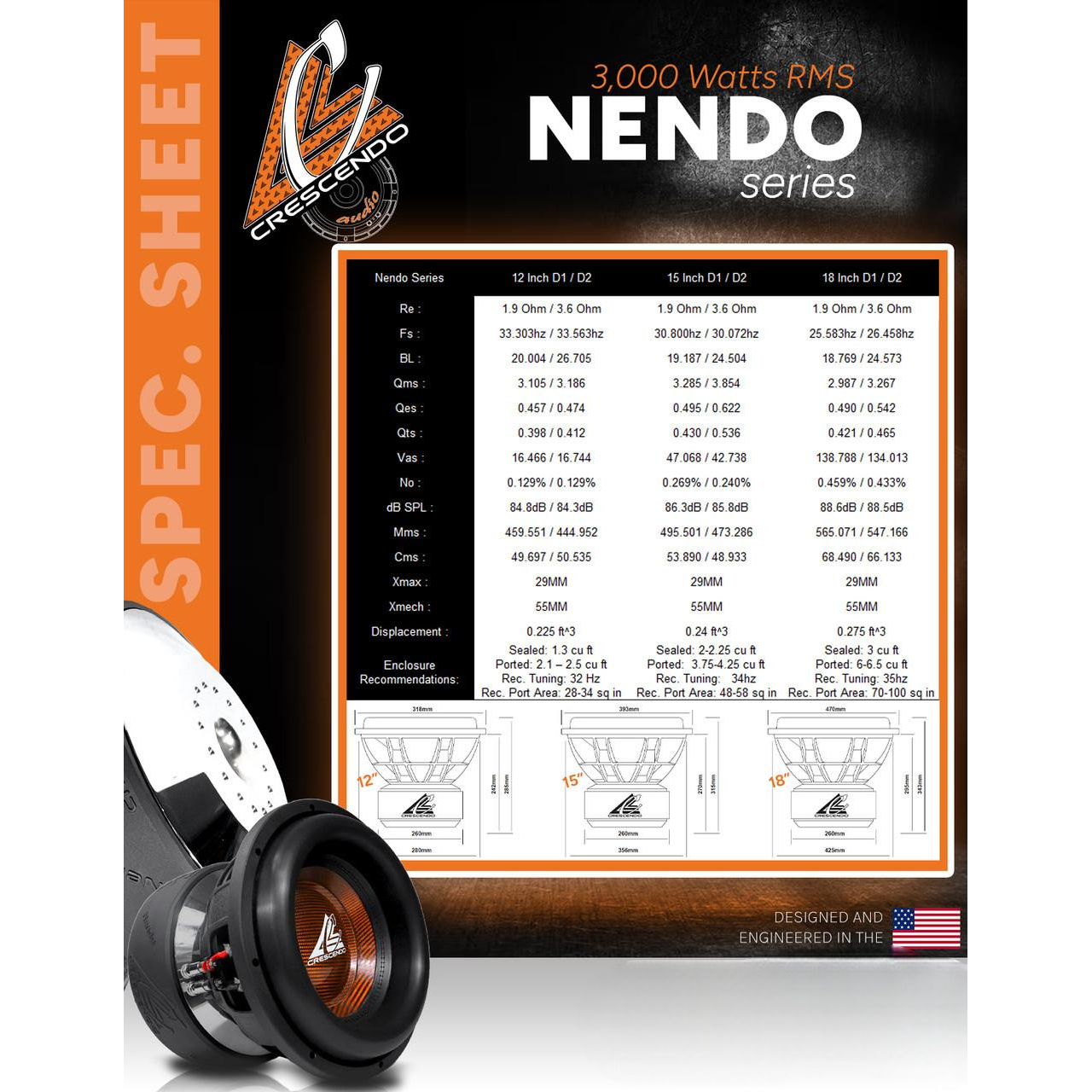 Crescendo Audio NENDO 12" 3000W RMS Subwoofer DVC