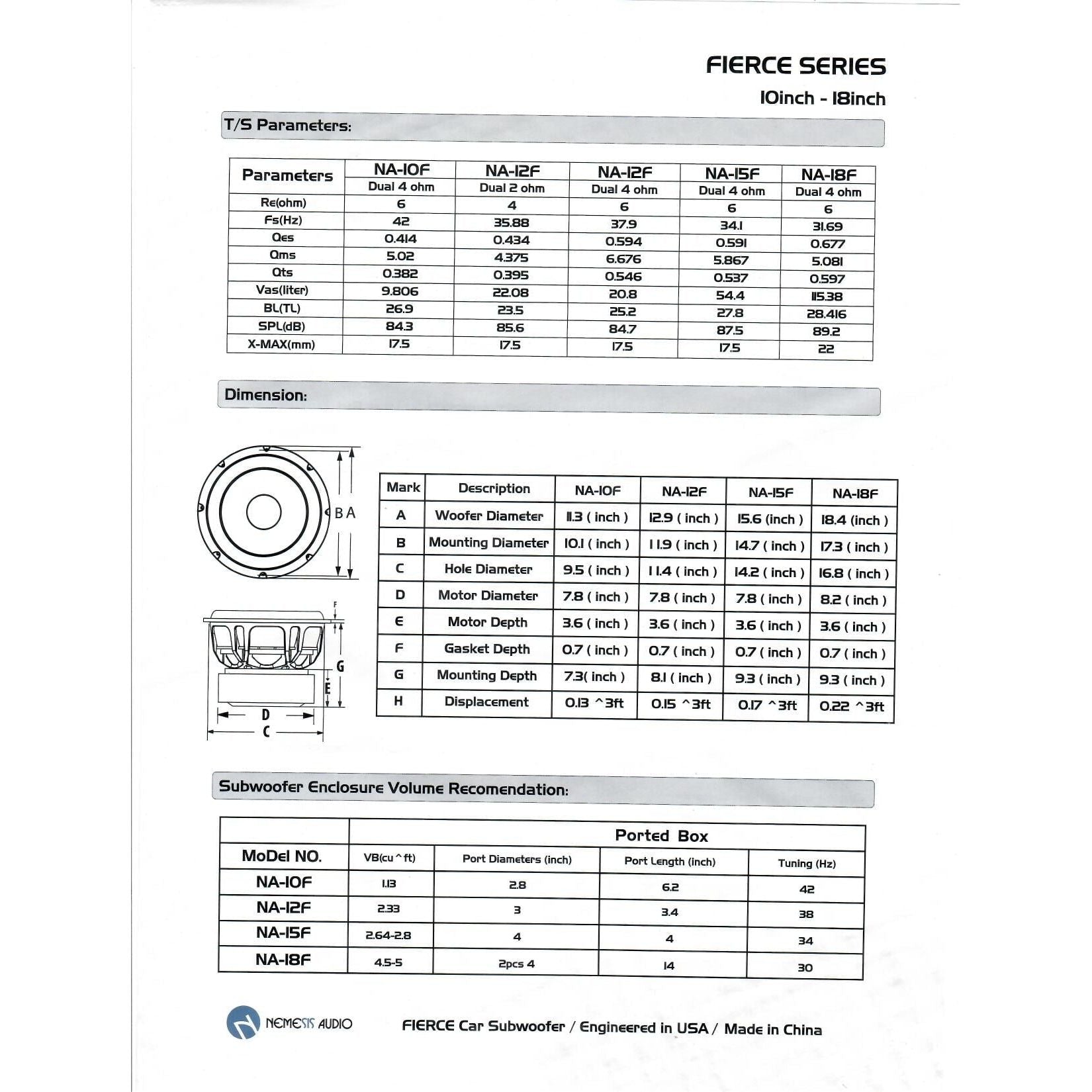 Nemesis Audio NA-15F 15" 1200W RMS Subwoofer DVC 4-Ohm