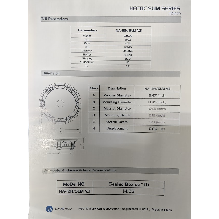 Nemesis Audio NA-12HSLM v.3 12" Car Subwoofer 800 Watts DVC Shallow Mount 4-Ohm