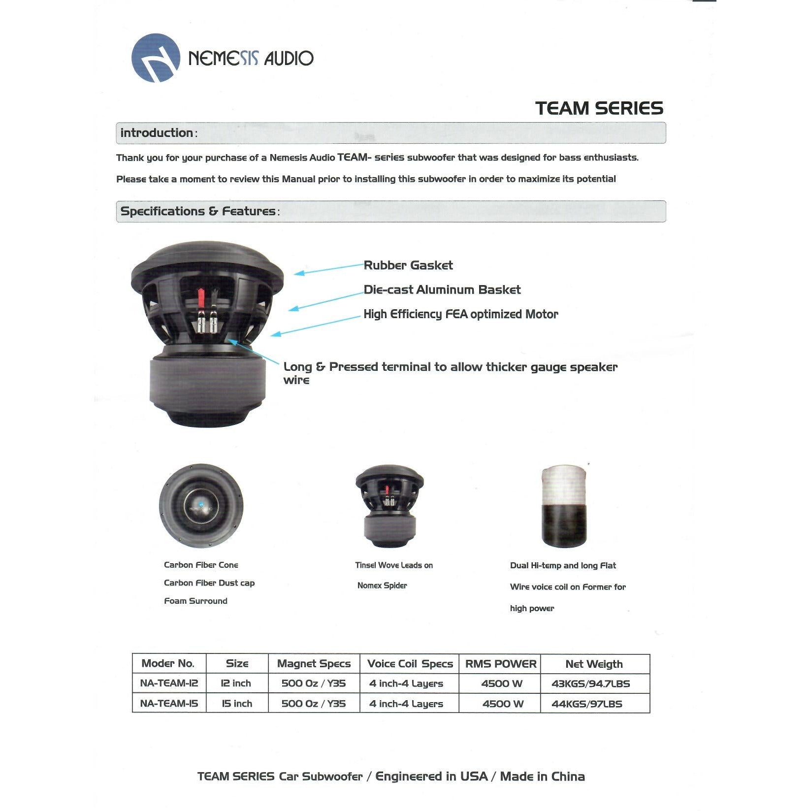 Nemesis Audio NA-TEAM-12 12" Car Subwoofer 4500 Watts DVC 1-Ohm